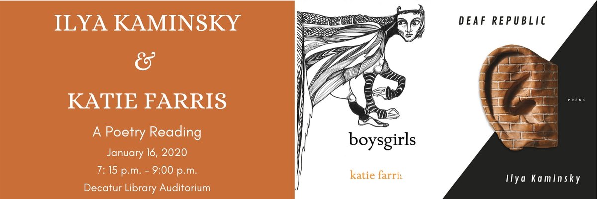 GaCntr4TheBook's tweet image. Tonight, join us to hear poet Ilya Kaminsky read alongside his wife, writer Katie Farris. This is sure to be a wonderful evening, and we hope to see you there! 7:15, Decatur Library Auditorium.