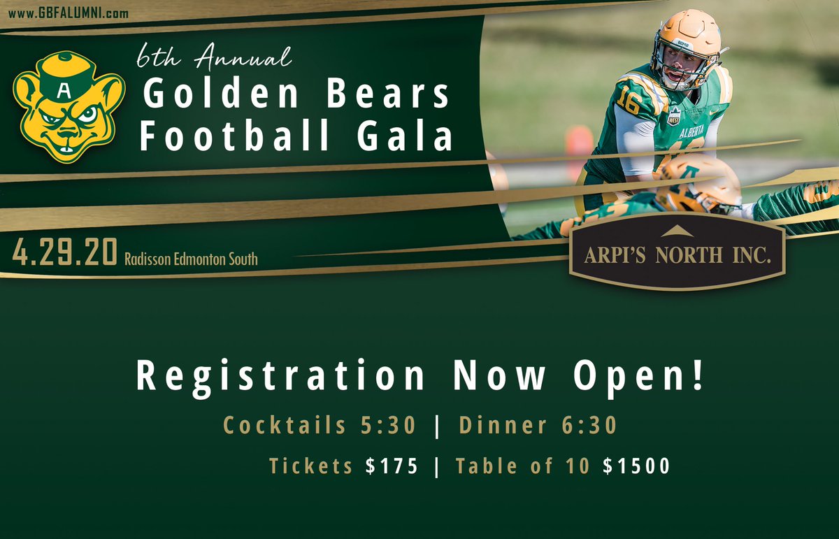 JasonMilne's tweet photo. Tickets are NOW ON SALE for the 6th annual Golden Bears Football Gala! Click the link below and reserve your seats/table...
https://t.co/iT2rt2UJyq 
#BOMB @GBFAlumni @BearsandPandas @UABearsFootball @GlobalEdmonton @ctvedmonton @TSN1260 https://t.co/FTBDtrdVer