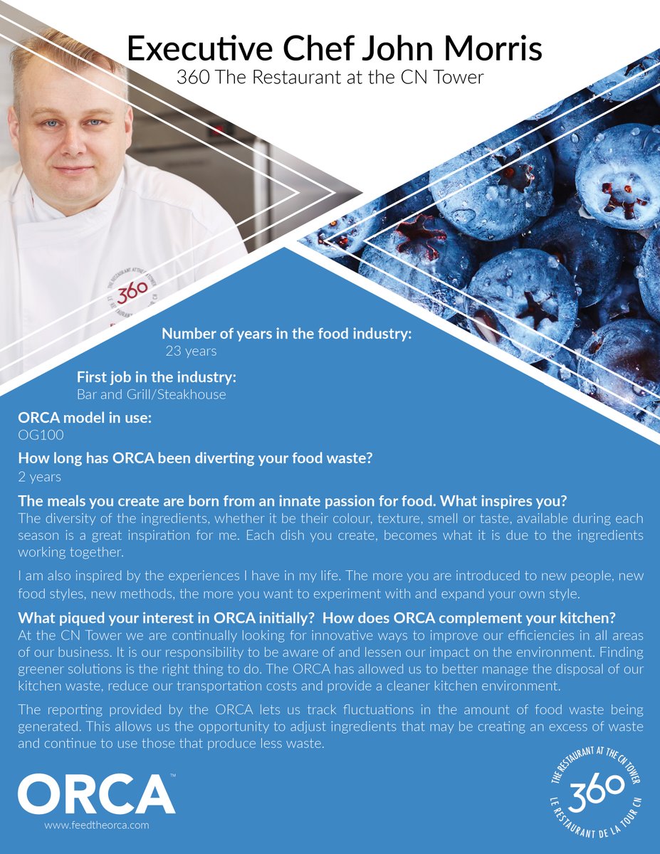 orcadigesters's tweet photo. We are pleased to have had the opportunity to profile Executive Chef John Morris from @TourCNTower about his experiences both in the food industry and with ORCA. Click to read the full profile!

#FeedTheORCA #CleanTech #FoodWaste #CNTower #360Restaurant #Toronto #Chef #Restaurant https://t.co/81uMzKQOTd