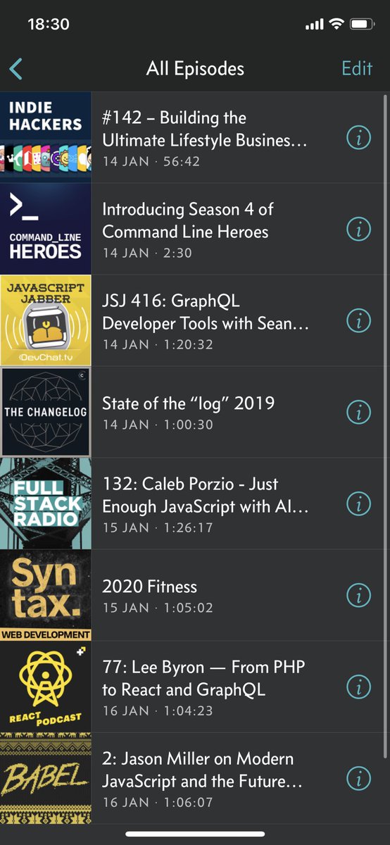 Various tech podcasts in the Overcast iOS app