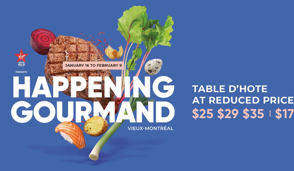 Happening Gourmand 
Du 16 janvier au 9 février 2020 c’est l'occasion de savourer des repas incroyables et à prix réduits <a href="/expoldmtl/">Experience Old Mtl</a> 

bit.ly/3604FIi