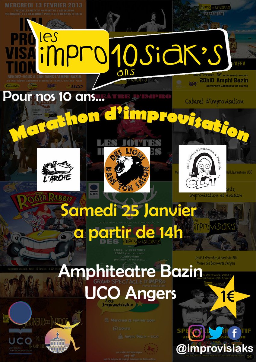Improvisiaks's tweet photo. RDV samedi 25/01 à partir de 14h (jusqu'à 20h) pour notre grand marathon d'improvisation en compagnie du CLIT, de l'Arche, et des Lions dans ton salon à @UnivCathoOuest !

Entrée : 1€

➡️https://t.co/LEdfjj0L58

#improvisation #JeunesAngers #CultureAngers #AssoAngers #UCOOL https://t.co/iCPw1NpAwn
