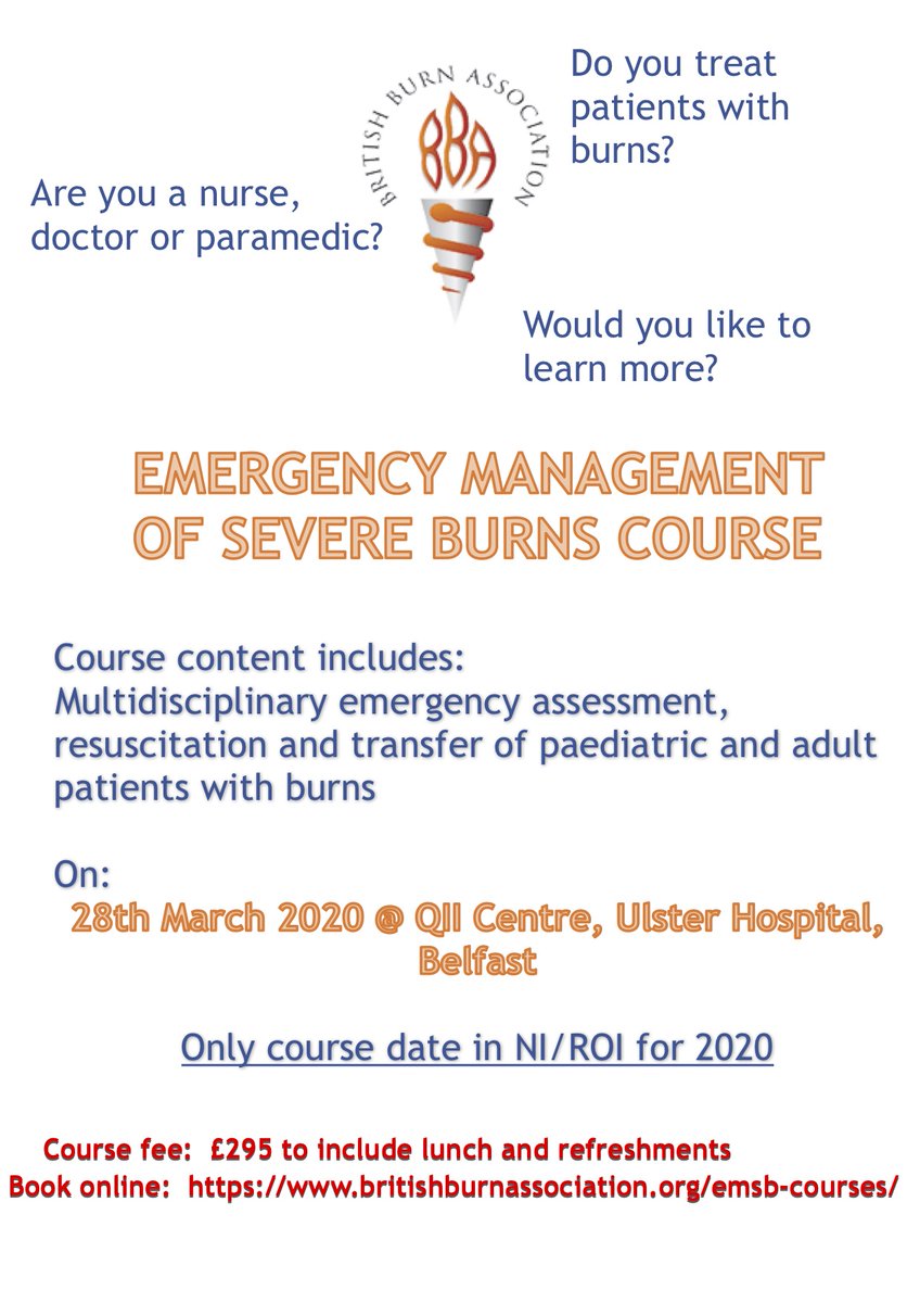 Sandra McAllister (@sandra_mca) on Twitter photo Are you a Nurse/Dr/Paramedic who treats patients with burn injury? It's EMSB Belfast time again! One day, multidisciplinary course, management of severe burns. Ulster Hospital <a href="/setrust/">South Eastern Trust</a> 28 March 2020. Only date in NI/ROI for 2020, booking details on flyer. Spaces limited! Are you a Nurse/Dr/Paramedic who treats patients with burn injury? It's EMSB Belfast time again! One day, multidisciplinary course, management of severe burns. Ulster Hospital <a href="/setrust/">South Eastern Trust</a> 28 March 2020. Only date in NI/ROI for 2020, booking details on flyer. Spaces limited!