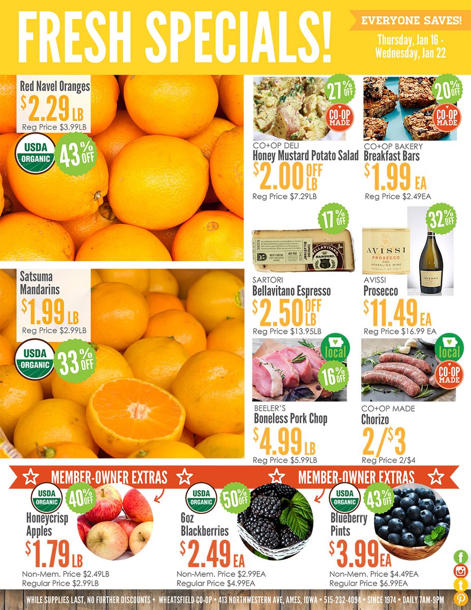 wheatsfield's tweet photo. Weekly Fresh Specials, While Supplies Last, Jan 16-22
Citrus Sale! Save over 40% on Red Navel Oranges and over 30% on Satsuma Mandarins. #wfcoop #weeklyfreshspecial #shopcoop
https://t.co/85KqOxhuZh https://t.co/HBadxUJ7Vp