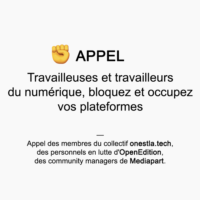 Mediapart's tweet photo. [CM EN GRÈVE] Une partie de l'équipe des CM de Mediapart est en grève contre la réforme des retraites. Ce tweet automatique est normalement dédié à cet article: https://t.co/D3W6jqrImz

Partagez notre appel commun @OnEstLaTech #OpenEdition #Mediapart: https://t.co/f7ogehKNTw https://t.co/xowsCO0QNR