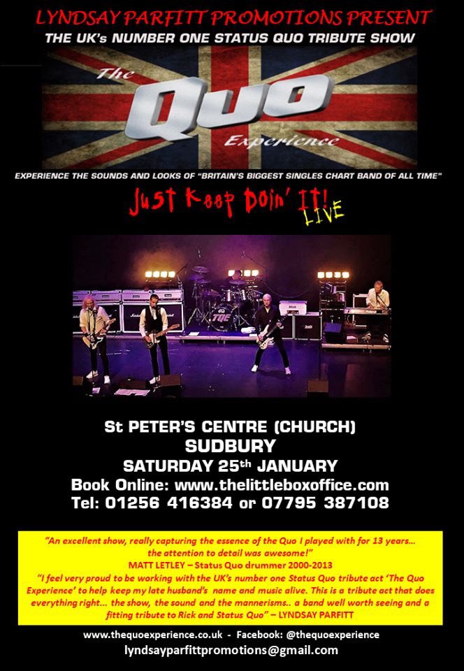 QuoExperience's tweet photo. Don’t miss The Quo Experience at St Peter’s Church on Sat 25th January - Tickets available at https://t.co/RU3DCUeKlA or 07795387108 @SFPSudbury @EADT24 @SudburyMercury @bestofsudbury @grapevinelive @haverhill @buryfree @BuryMercury @BBCSuffolk #statusquo #quo #Suffolk https://t.co/hAooH9p0Gl