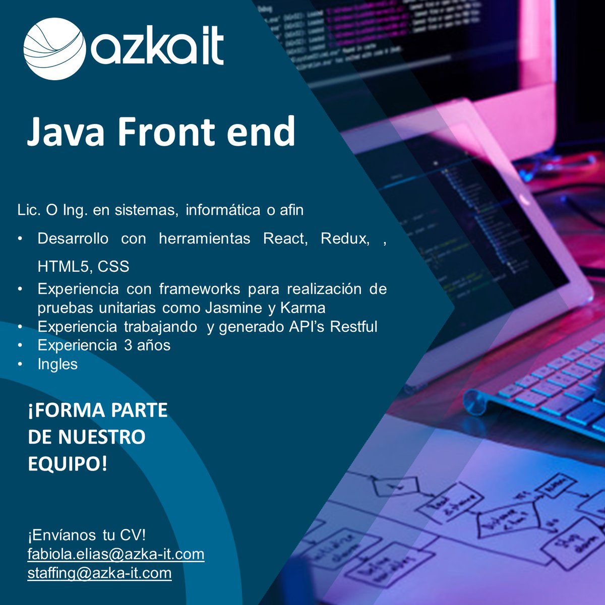 AZKA_IT's tweet image. Estamos en búsqueda de un #JavaFrontend.
Enviar CV a fabiola.elias@azka-it.com / staffing@azka-it.com.
#DesarrolladorJava #Java #OportunidadLaboral #EmpleoMéxico #Vacante #Frontend #FrontEnd #ReclutamientoTI #AskaIT #tecnologiasdelainformacion