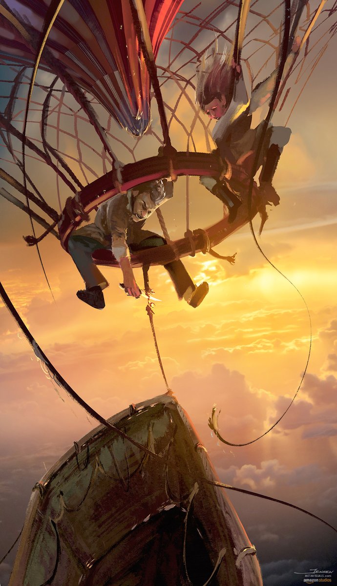 The climactic scene shows Amelia and James making the quick decision to cut loose from the heavy basket during their rapid and deadly descent.

#ConceptArt for #TheAeronauts - Available Now on Amazon Prime Video
