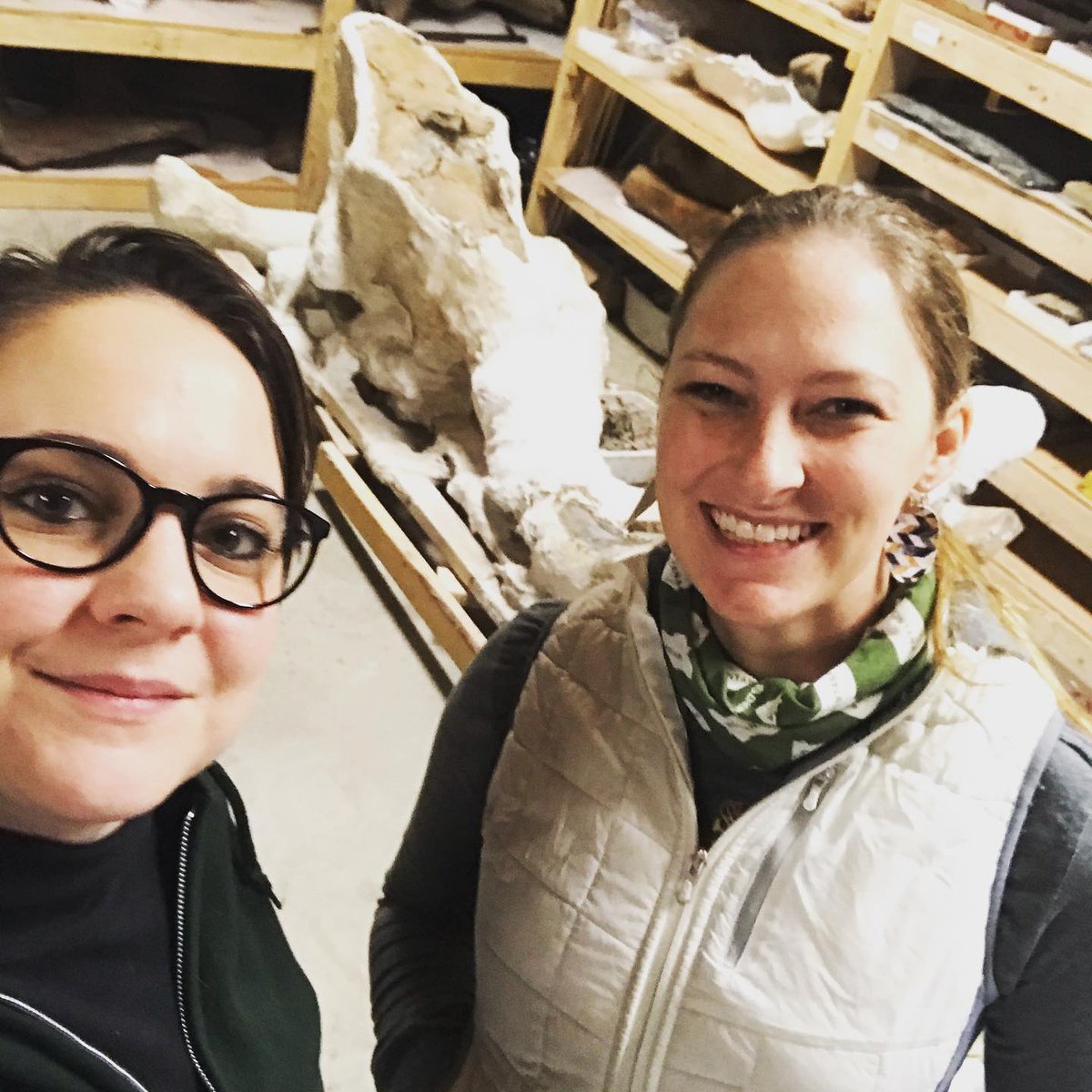 CarterCoMuseum's tweet photo. We missed #museumselfieday by a day, but better late than never! Sabre and Jenn in the collections room with the Randall Mammoth #museumlife #mammoth #fossil #cartercountymuseum https://t.co/oo5gxtv4At