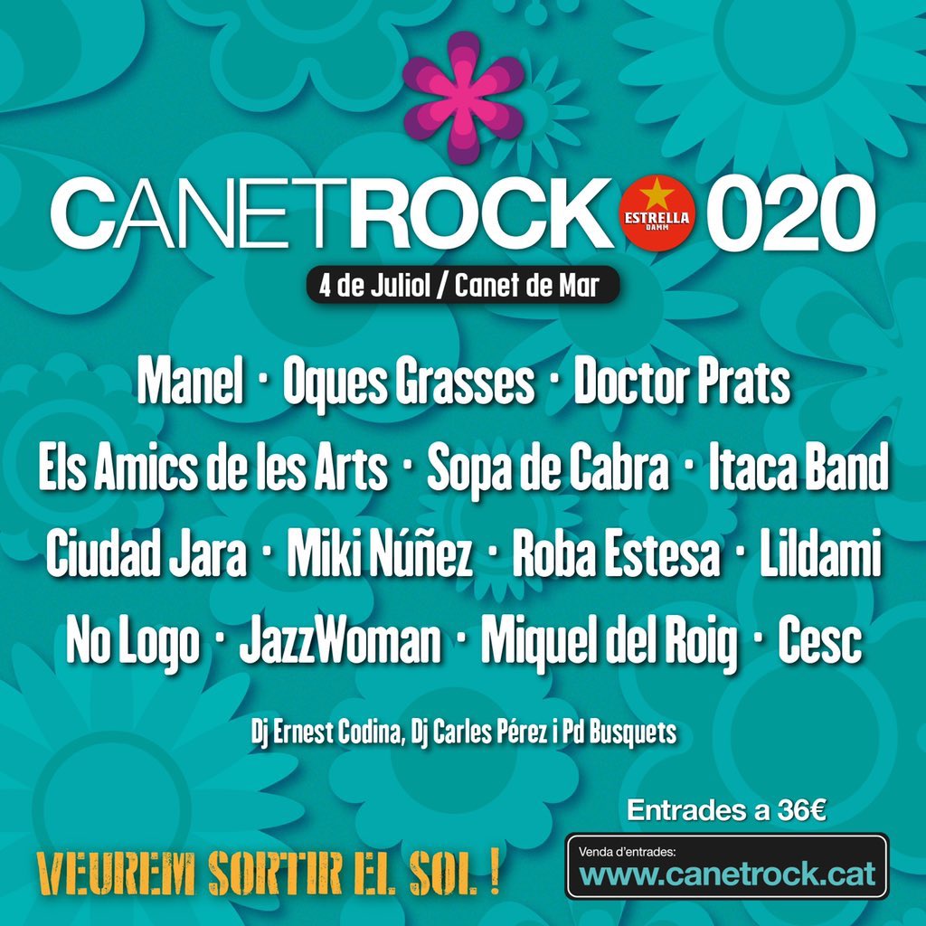 3CatCultura's tweet photo. Aquest és el cartell del @CanetRock_ 2020:
T’ho expliquem en directe des de l’Antiga Fàbrica @EstrellaDammCat fins les 21h
FM, https://t.co/FOh56I3hDW i app https://t.co/zFFgPpH5bK