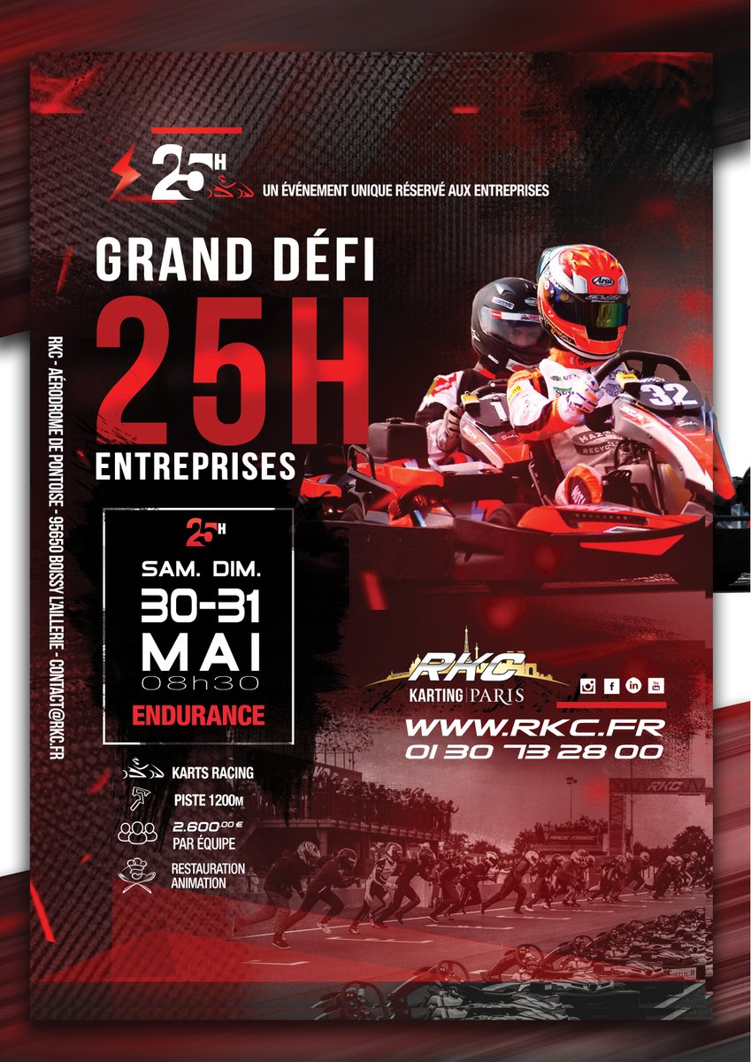 Deuxième plus gros événement de l'année 2020, le RKC invite les professionnels à participer aux 25h Grand Défi Entreprises !

Cette endurance unique réservée aux entreprises, se déroulera les 30 et 31 mai !
Restauration et animations au programme 👍🏼

#25hkarting