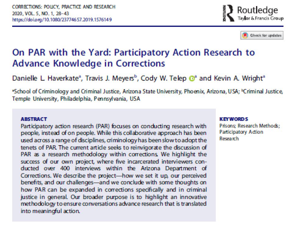 "Some of the best conversations take place in prison..."

We're excited to see On PAR with the Yard hit print in a special issue on participatory action research in corrections of <a href="/CorrectionsR/">Corrections: Policy, Practice and Research</a>!

First 50 downloads FREE here: tandfonline.com/eprint/WWTVGYB…