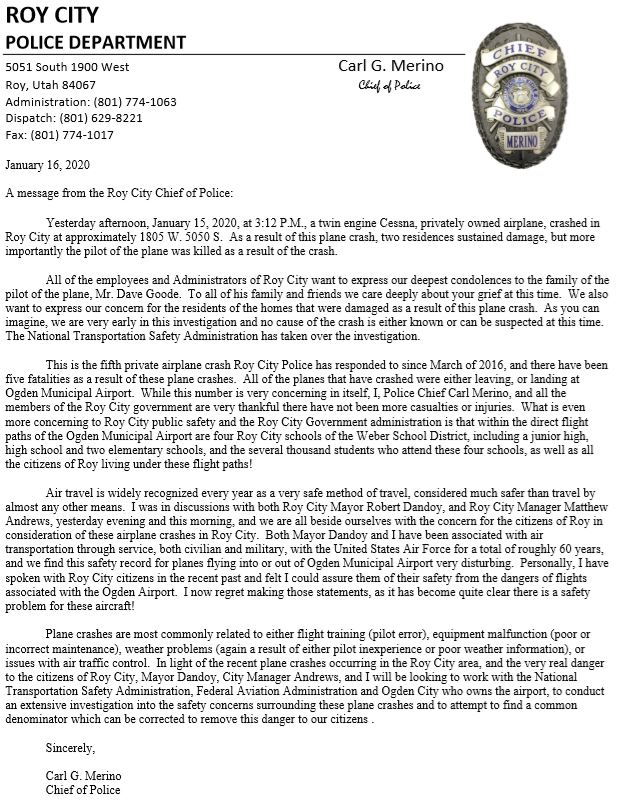 A message from the <a href="/RoyCityPD/">Roy City Police Dept</a> Chief of Police.