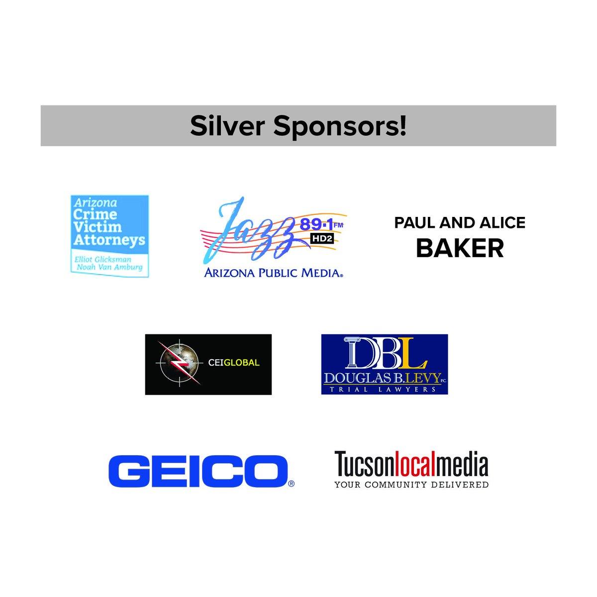 DAY 7 of the HSL Properties #TucsonJazzFestival is here and we wouldn't be able to do it without these seven amazing Silver Sponsors: Arizona Crime Victim Attorneys, @azpm,  Paul and Alice Baker, CEI Global, Douglas B. Levy Trial Lawyers, <a href="/GEICO/">GEICO</a> and <a href="/Explorer_News/">Explorer Newspaper</a>!