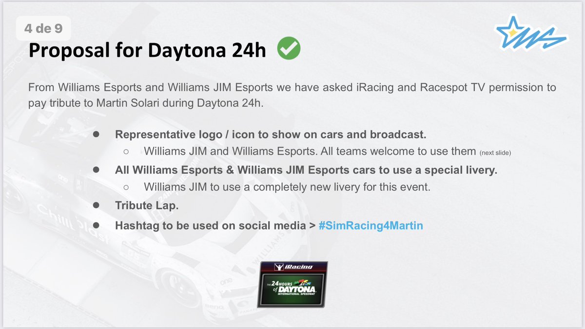 📢#SimRacing4Martin 

Este fin de semana rendiremos homenaje a nuestro miembro del equipo Martin Solari, quien falleció el pasado fin de semana.

Todos los detalles en el siguiente link:

PDF + Logos:

drive.google.com/drive/mobile/f…

#iRDaytona24