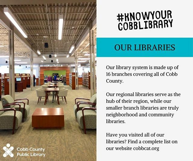 cobblibrary's tweet photo. How well do you #KnowYourCobbLibrary? -- Our library system is made up of 16 branches covering all of Cobb County.
.
Our regional libraries serve as the hub of their region, while our smaller branch libraries are truly neighborhood and community librarie… https://t.co/MkqRjs1eDW https://t.co/OGMe0CzS0Z