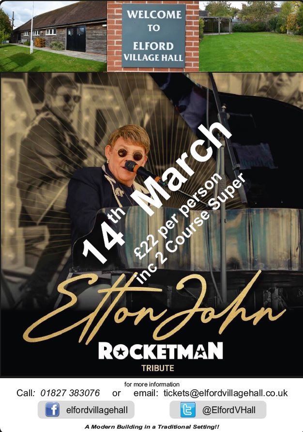 ElfordVHall's tweet photo. Elton John is coming to Elford Village Hall on 14th March. Tickets on Sale now. Please Email tickets@elfordvillagehall.co.uk @TAMinformed @VisitLichfield https://t.co/VZRyVcfdpW