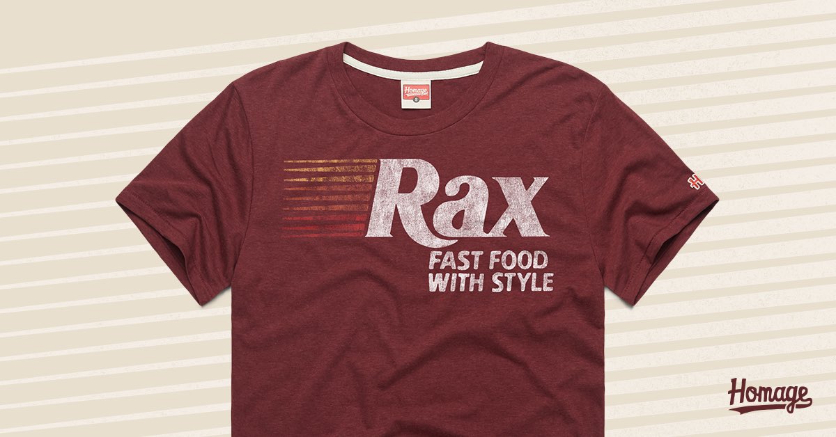 Re-live the memories of BBC sauce, Uncle Alligator Kid’s Meals and the days of the fast food salad bar, and RT for your chance to win the new Rax tee.

We’ll pick 5 winners at random tomorrow afternoon.

HOMAGE.com