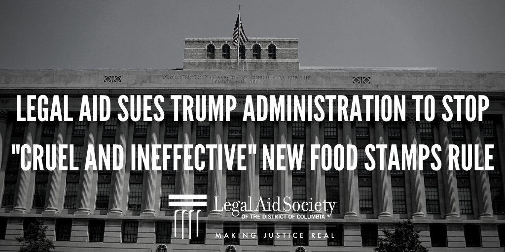 LegalAidDC's tweet image. Legal Aid filed a federal lawsuit today to stop implementation of a new Trump Administration rule that could cut about 700,000 Americans off food stamps, on behalf of individual DC residents and @BreadfortheCity.  legalaiddc.org/wp-content/upl…  #HandsOffSNAP