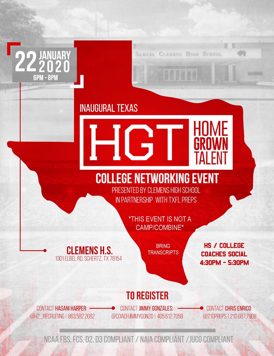 txflpreps's tweet photo. π¨ COLLEGE COACHES π¨
Get a chance to network in person with @CCS_Warriors Unsigned Senior:
Jaylin Chestnut
@jaymc501
2020 LB
What: College Networking Event
Location: Schertz Clemens HS
Date: Wed, January 22, 2020
Time: 6-8 PM
*Not a Combine/Camp.*
#TXFLPREPS https://t.co/MEu1AaNbxK