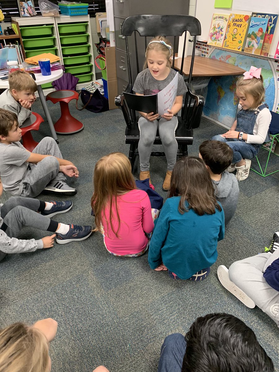 PinkHWszolek's tweet photo. This sweet friend wrote her own book at home and is reading it to the class today! https://t.co/HlvpSU9r8h