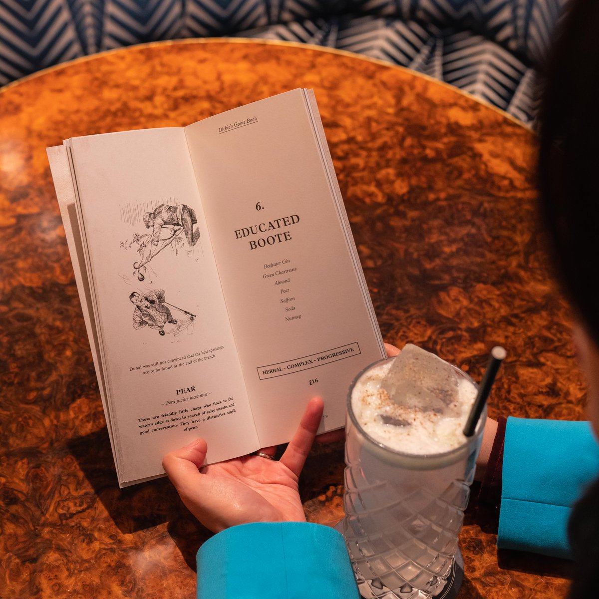 Our Educated Boot is a herbal highball, packed full of <a href="/VPLodge/">Virginia Park Lodge</a> loot! Featuring Beefeater Gin, Green Chartreuse, almond, pear, saffron, soda, and nutmeg. 🍐