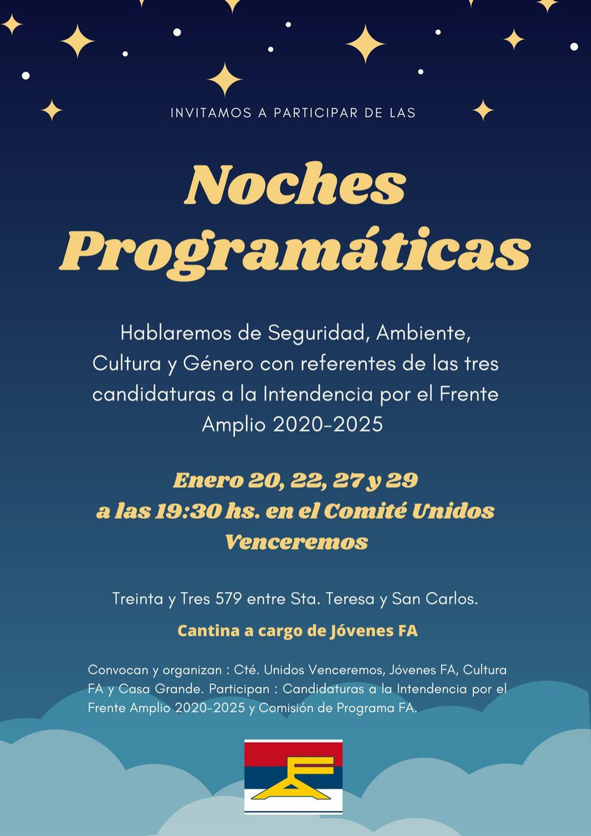 CasaGMaldonado's tweet photo. Conoceremos las propuestas de @susanaFA_Maldon, @OscarDeloSantos y @1813_Gerardo y sus equipos para gobernar la Intendencia en 2020-2025 por el @FAMaldonado1 en materia de Seguridad, Ambiente, Cultura y Género en 4 noches en el patio del Comité Unidos Venceremos. #ProgramaFA https://t.co/bUd1uk25ju
