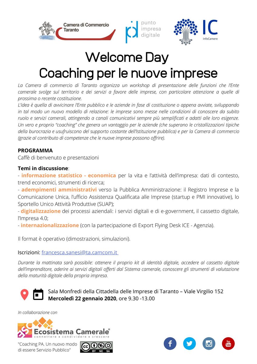 Ecosistema Camerale (@ecosist_camcom) on Twitter photo Welcome Day “Coaching per le nuove imprese”: in @camcomtaranto il 22 gennaio un workshop in collaborazione con Ecosistema Camerale
#coachingPA è un nuovo modello di servizio pubblico proposto da EsC e inserito nel IV Piano d’azione <a href="/opengovitaly/">OGP Italia</a> 2019-2021 Welcome Day “Coaching per le nuove imprese”: in @camcomtaranto il 22 gennaio un workshop in collaborazione con Ecosistema Camerale
#coachingPA è un nuovo modello di servizio pubblico proposto da EsC e inserito nel IV Piano d’azione <a href="/opengovitaly/">OGP Italia</a> 2019-2021