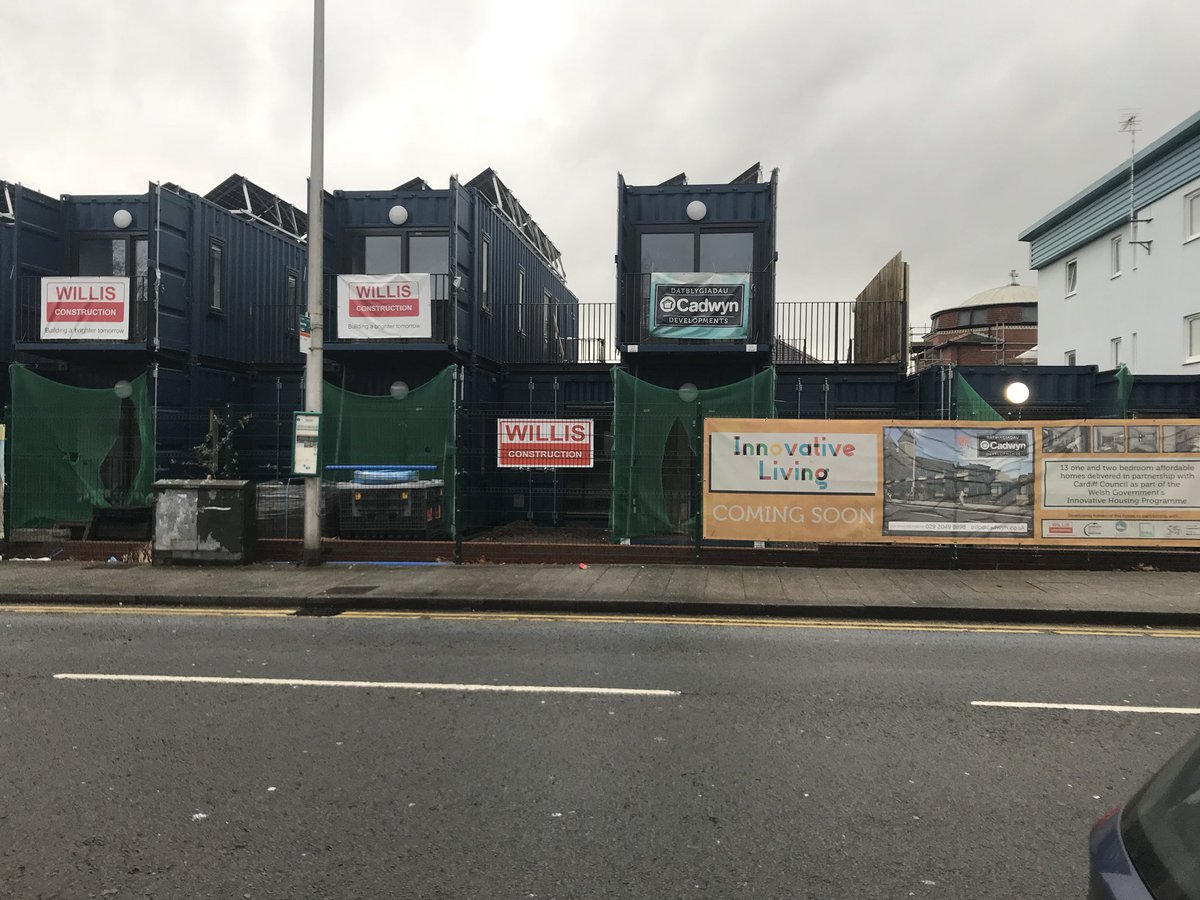 RobbieHolman16's tweet photo. Just outside Butetown, Cardiff there’s construction on 1-2 bedroom flats in the form of shipping containers as a part of innovative living designed by @CadwynHA. https://t.co/wFeCLTZf3v