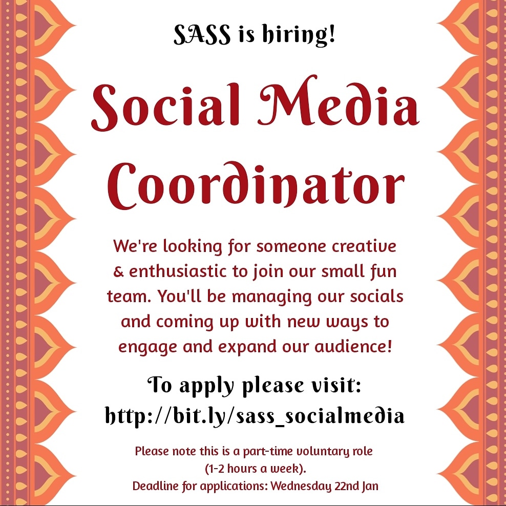 WE'RE HIRING! We're looking for a creative enthusiastic individual to join our team, to manage our socials and help us engage + expand our audience. This is a voluntary role requiring 1-2 hours a week. Apps close 22nd Jan. Come join us to amplify South Asian female voices🙌🏾