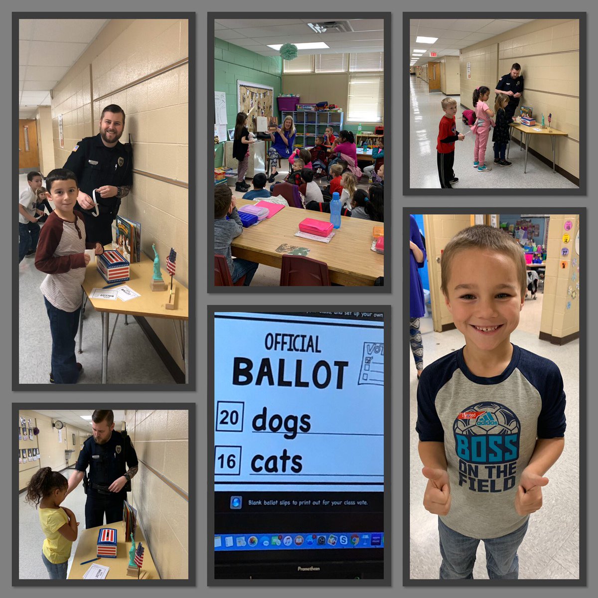Stuartbulldogs's tweet photo. 1st grade is learning about voting and are listening to their candidates in the book “Cats or Dogs”. They voted on who they think is the best pet. Majority vote for dogs!! 🐶
Thank you Officer Jansen for patrolling our voting precinct @Cleveland_TN_PD #ReadtobeReadyTN https://t.co/9taV6dX5rG