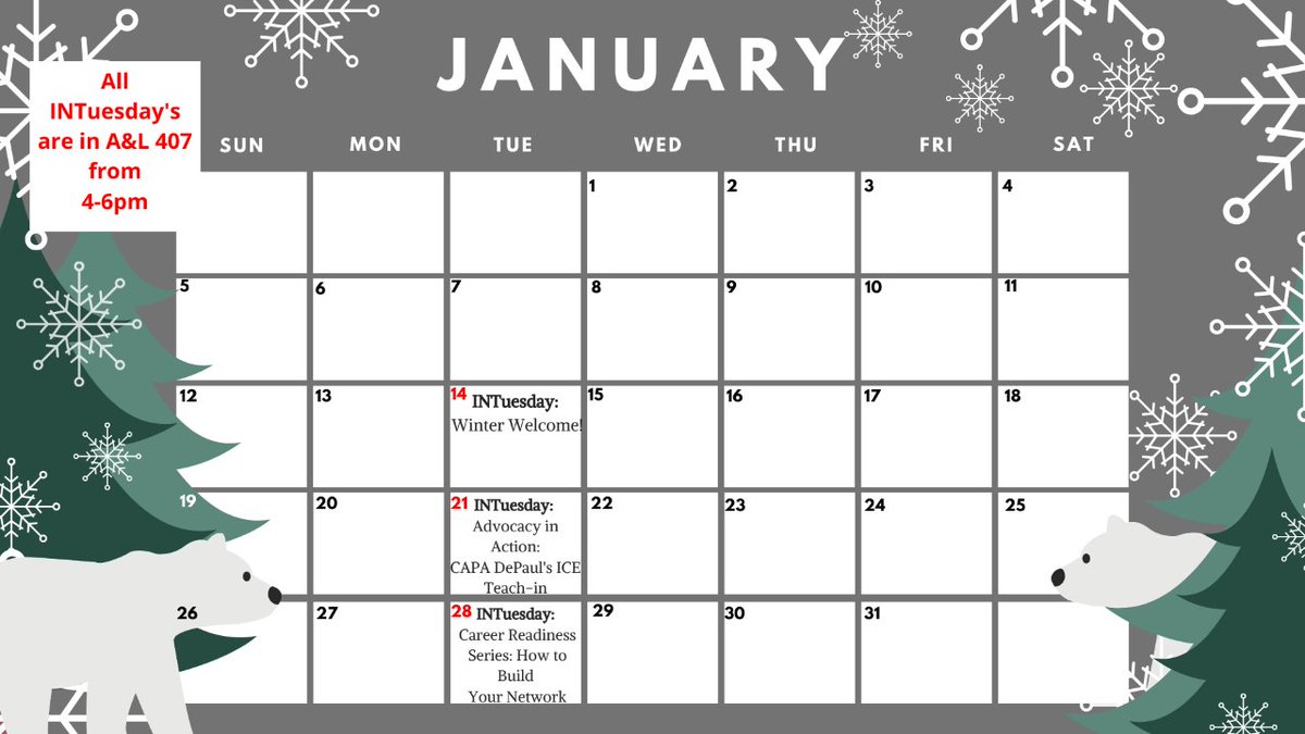 DePaulINT's tweet photo. Here's a #INTuesday calendar for January! We've got some cool events coming up!
#DePaul #DePaulLAS #DePaulINT #INTstudents #INTgrads #events https://t.co/yxmZ4pimK3