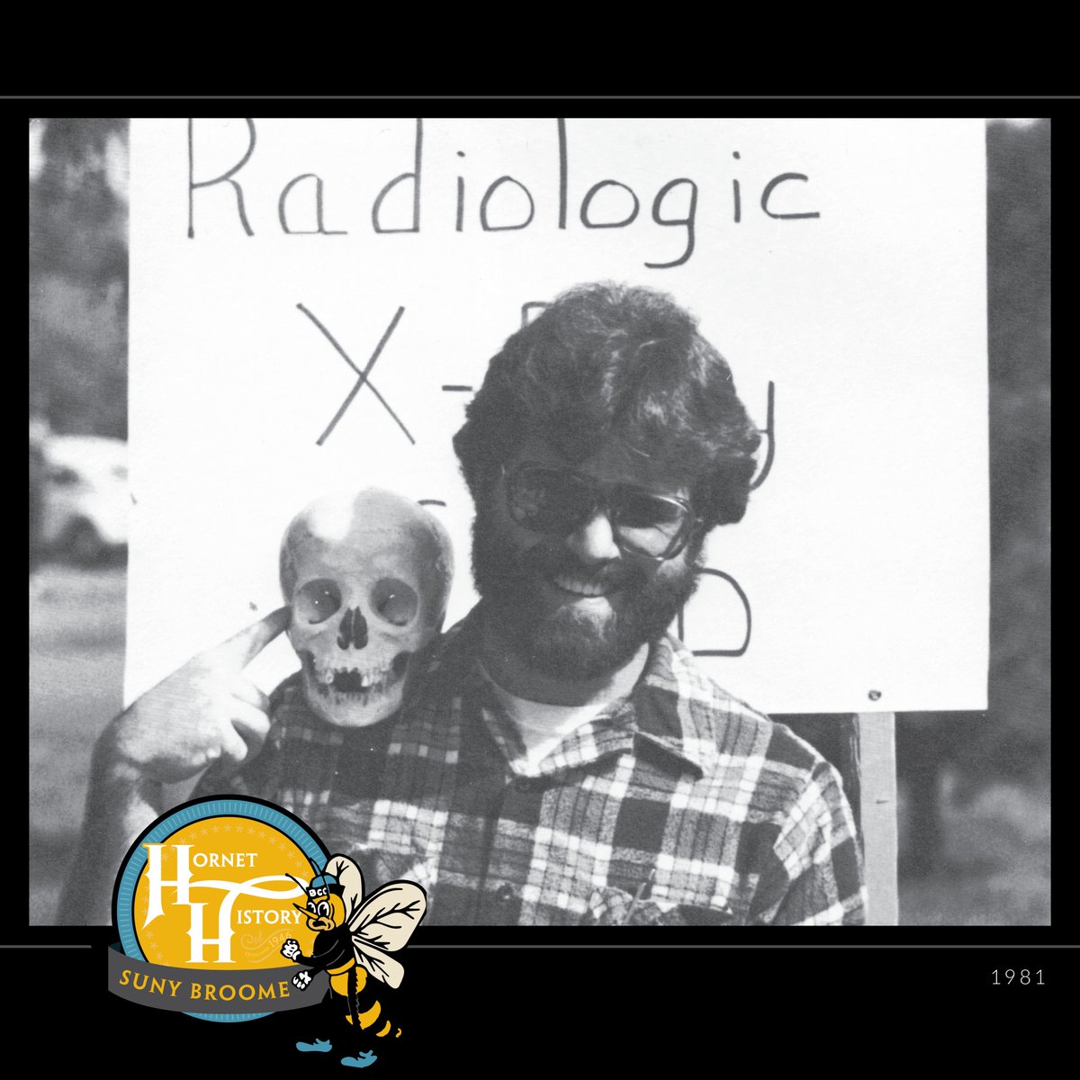 This 1981 photo is of a Radiologic Technology club member posing with a skull and trying to gain attention for his Activities Fair table. #hornethistory #throwbackthursday #sunybroome #1980s #radiologictechnology #radtech #binghamtonhistory