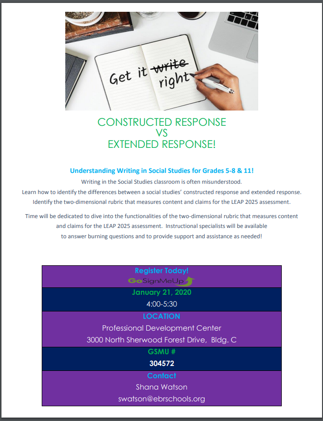 Writing in the Social Studies classroom is often misunderstood. 

Calling EBR Social Studies 5th-8th &amp; 11th  Social Studies Ts!