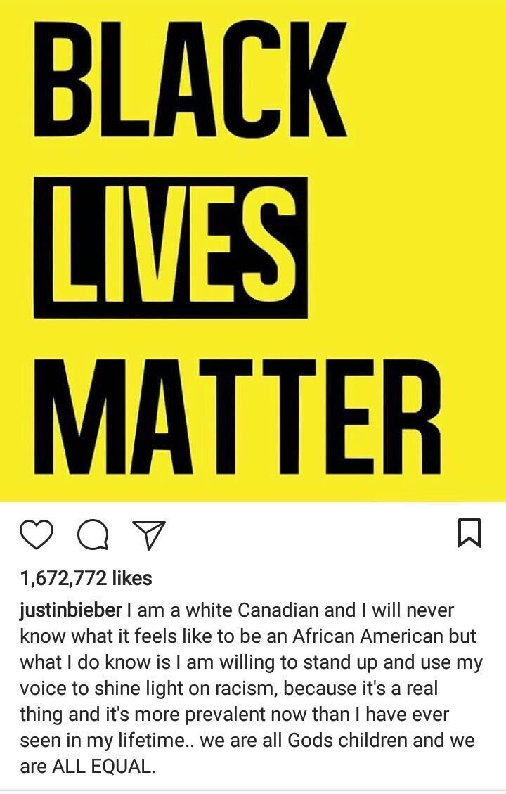 جاستن يطالب بتوقف العنف والعنصرية اتجاه السود ولهم الاحقية بالعيش مثل اي انسان+ جميع أصحابه المقربين...