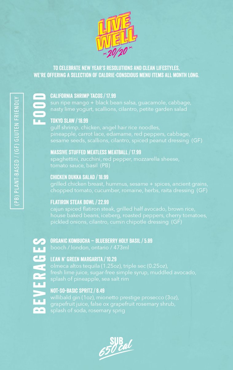SociableTavern's tweet photo. Want to know what is on our LIVEWELL Menu? WELL, here you go friends. Each item under 650 Cals. Until Feb 9th. Get it! #brantastic #eatclean #Sub650cal #2020 #resolutions https://t.co/UJ4Mlg8rUf
