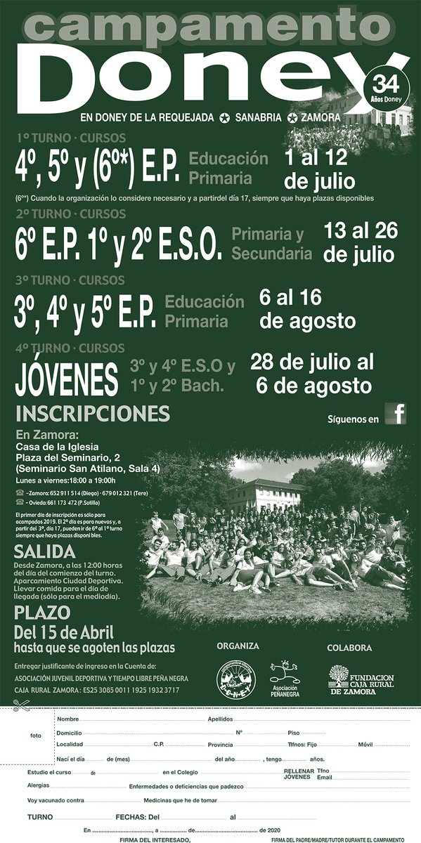 campamentodoney's tweet photo. ¡Hola!
Estas son las fechas de #CampamentoDoney 2020:
✅Primer Turno: 1 al 12 de julio
✅Segundo Turno: 13 al 26 de julio
✅Tercer Turno: 6 al 26 de agosto
✅Cuarto Turno: 28 de julio al 6 de agosto
Toda la información la tenéis en la propaganda.
¡Hasta pronto! https://t.co/uwBwYEWQD3