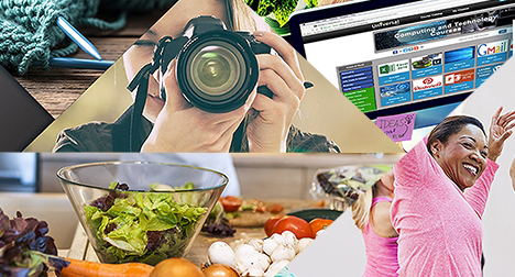 a collage of different photos juxtaposed all featuring hobbies such as exercise and photography