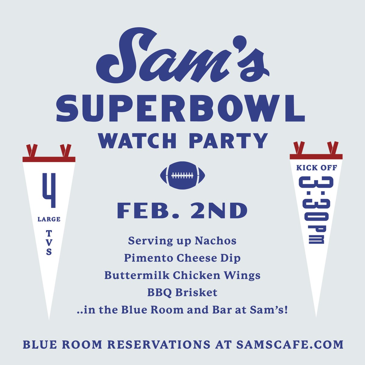 The countdown to Super Bowl LIV is ON! Join us February 2nd for our Super Bowl watch party where hopefully we'll be rooting on our @49ers! Reservations are not required but highly encouraged! You can secure your spot in the Blue Room at our website: samscafe.com