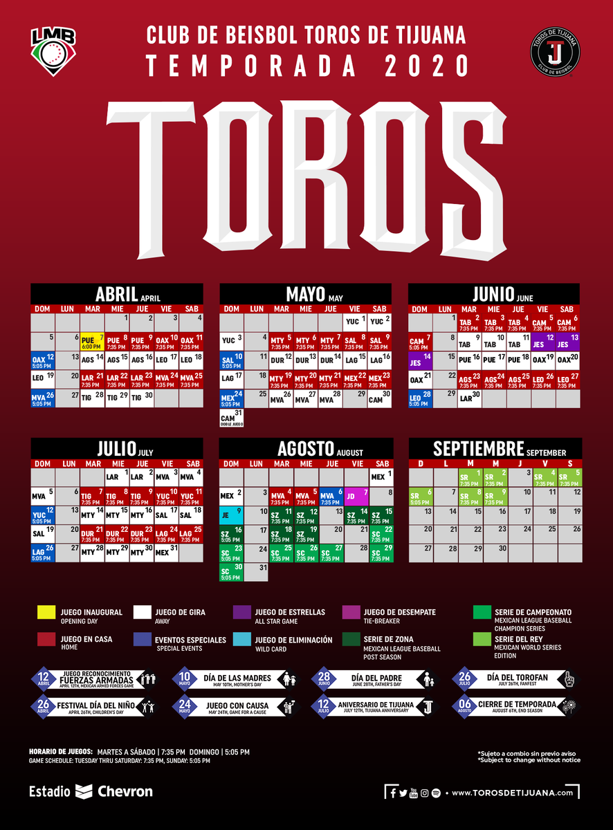 🚨 CALENDARIO OFICIAL 2020 🚨
¡Ya falta menos para volver a vivir las emociones en nuestro estadio Chevron! #TorosImponentes🐃
