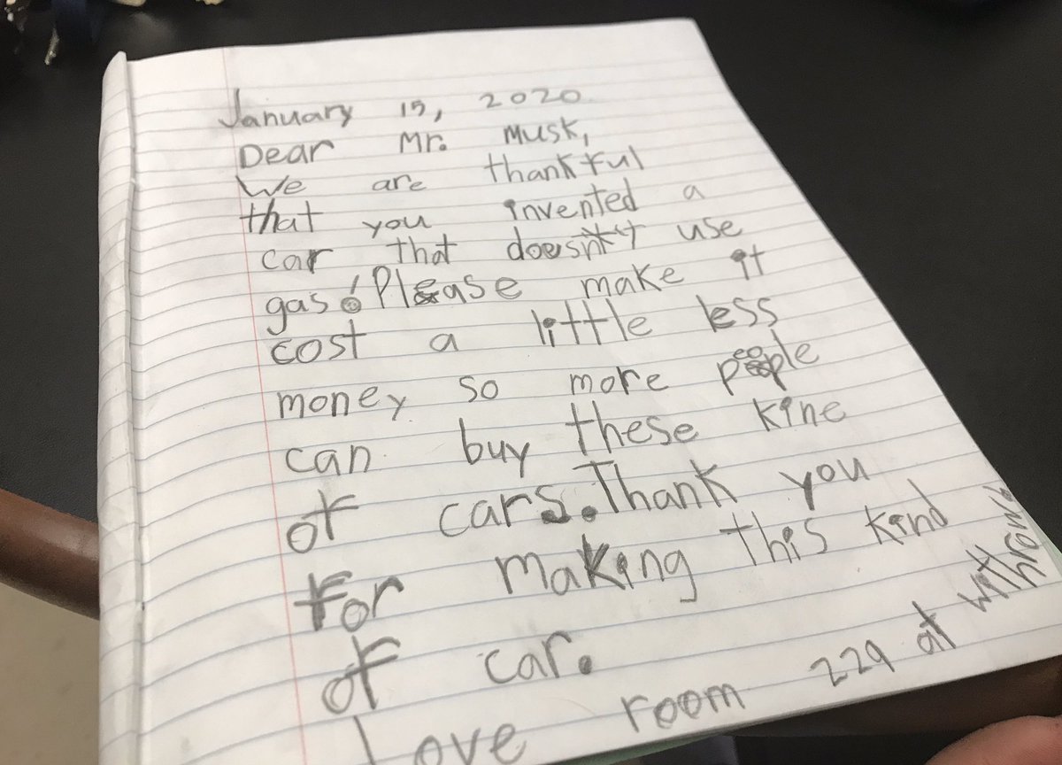TDSB_Withrow's tweet photo. A letter to Elon Musk re: Eco friendly cars 🚘 @elonmusk @lizkingstone #studentvoice @EcoSchoolsTDSB https://t.co/i0IbAUcmw8
