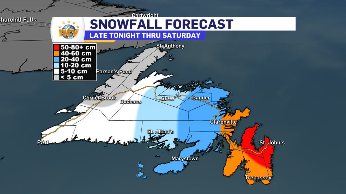 EddieSheerr's tweet image. I've updated the snowfall map after getting a good look at the newest data...

Incredibly I've had to raise the forecast for the northeast and northern Avalon. I'm expecting up to 80 cm in these areas. 

Farther west the forecast remains similar to yesterday.

#nlwx