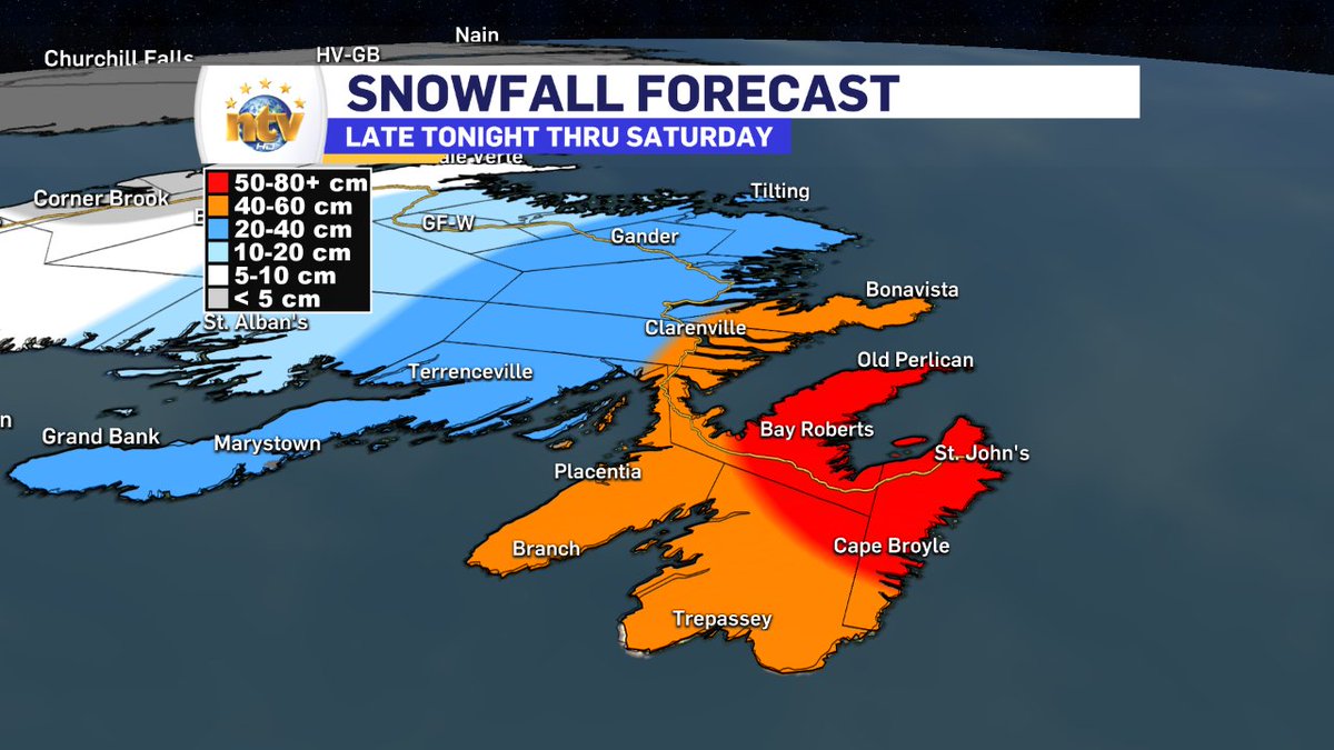 EddieSheerr's tweet image. I've updated the snowfall map after getting a good look at the newest data...

Incredibly I've had to raise the forecast for the northeast and northern Avalon. I'm expecting up to 80 cm in these areas. 

Farther west the forecast remains similar to yesterday.

#nlwx