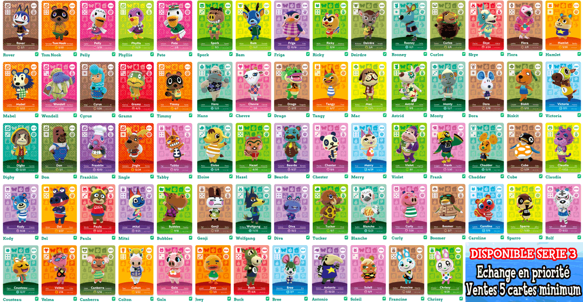 cham_soo's tweet photo. Voici les cartes amiibo #AnimalCrossing que j'ai en double et qui sont dispos à l'échange ! 
J'échange contre les cartes officielles que je n'ai pas (voir les tweets suivants) vous trouverez également un lien vers un document pour ceux qui préfèrent en liste. #amiibocards https://t.co/WK6VHPRg1g