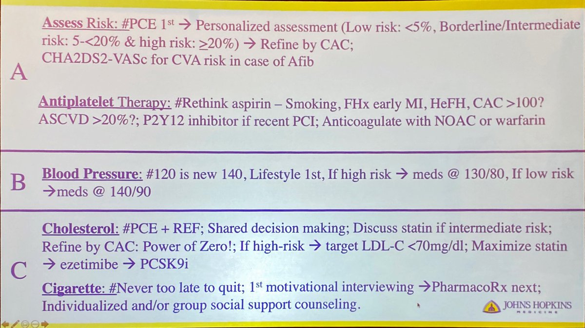 DrMarthaGulati's tweet photo. Wonderful presentation by @rblument1 on the simplicity and elegance of #ASCVD #prevention @HopkinsMedicine with the great slide from @ErinMichos to help us think easily about this. But we need to do this in our clinics. #AUC20 @WendyPost9 @SethShayMartin @ASPCardio @nstonedoc https://t.co/ojHfmFHvYX