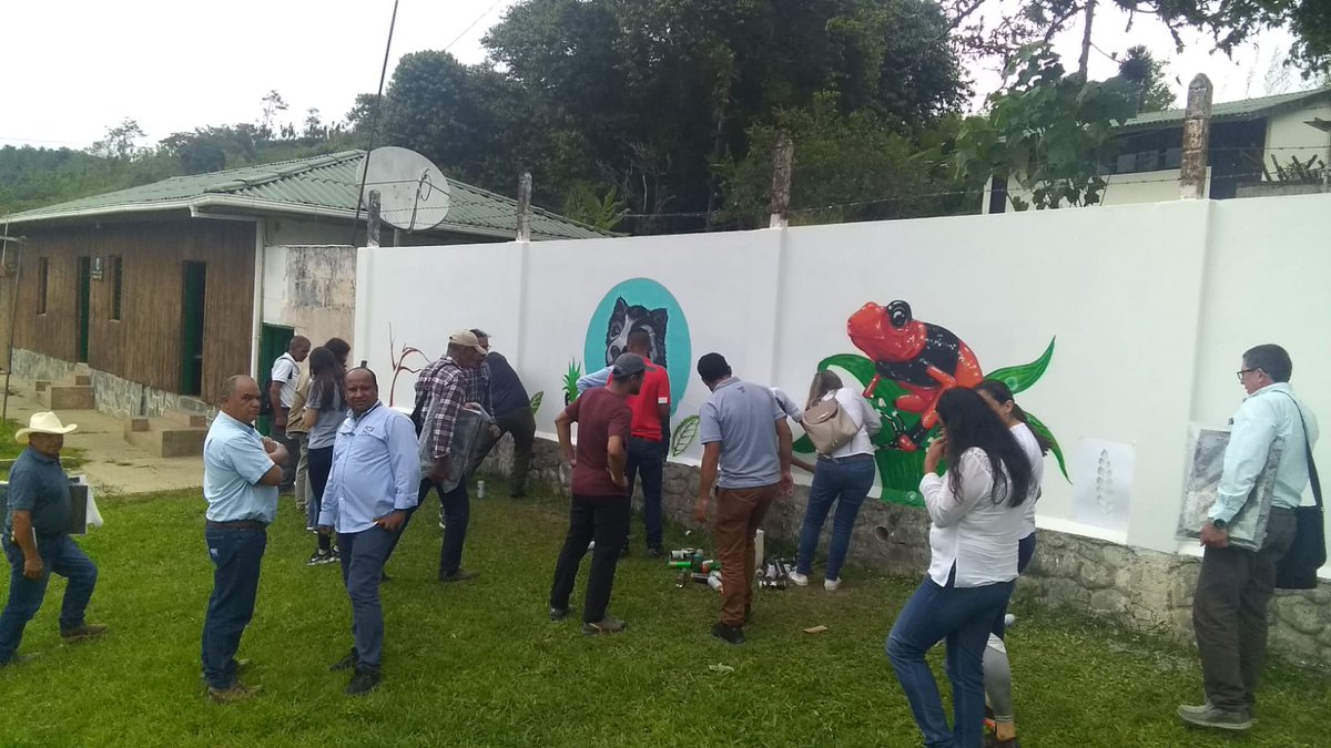 WCSColombia's tweet photo. #AestaHora junto a diseñador gráfico Willington Giraldo @For3st1982, avanza pintura de mural en honor a la #conservación del #OsoAndino en sede de @ParquesColombia corregimiento El Queremal. Participan firmantes de acuerdos y representantes @Grupo_Argos @CvcAmbiental @WCSColombia https://t.co/NZQAZCEz19