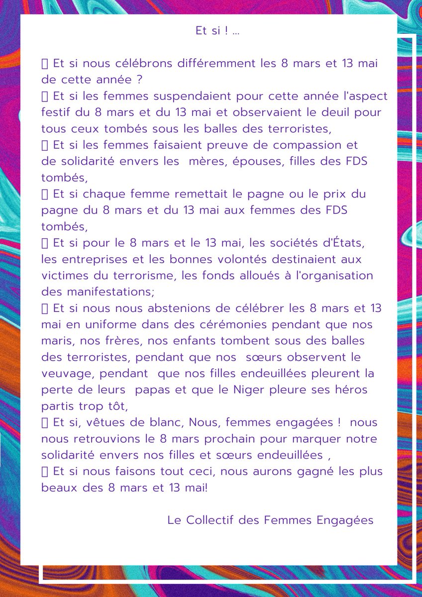 Le #CollectifFemmesEngagées du #Niger lance le Mouvement #ToujoursDebout #SoutienAuxFDS

Rejoignez-nous! 

RT vivement apprécié