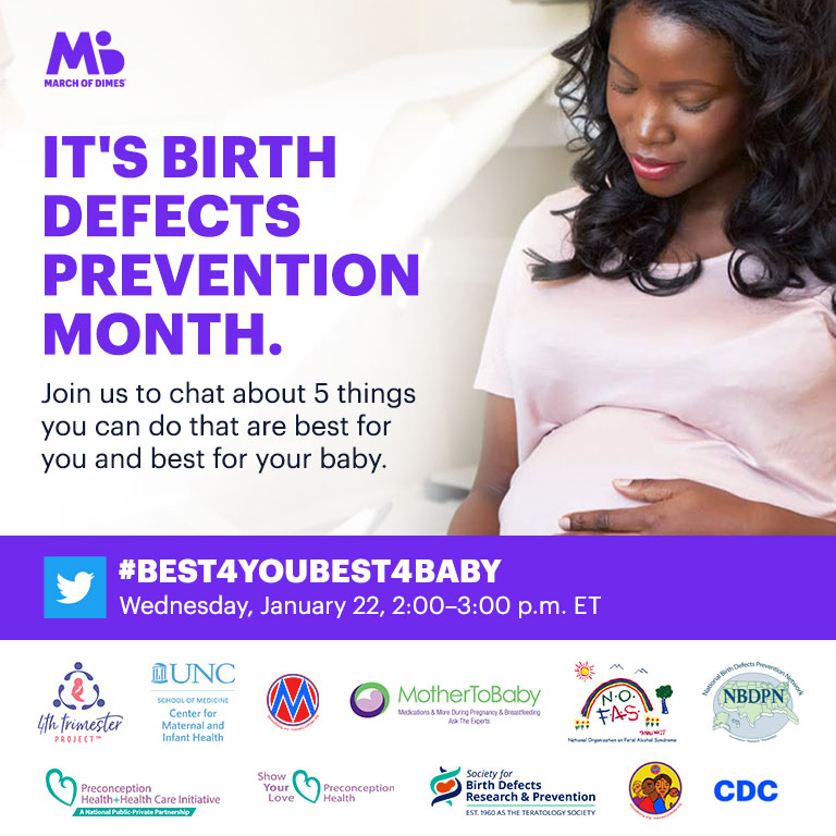 modhealthtalk's tweet photo. About 120,000 babies are born with a birth defect each year in the U.S.
Do you know what can you do to help increase the chances of having a healthy baby?
Join us on 1/22 at 2pm EST and be part of this conversation. #Best4YouBest4Baby #WellnessWed https://t.co/nUyitj9ryJ