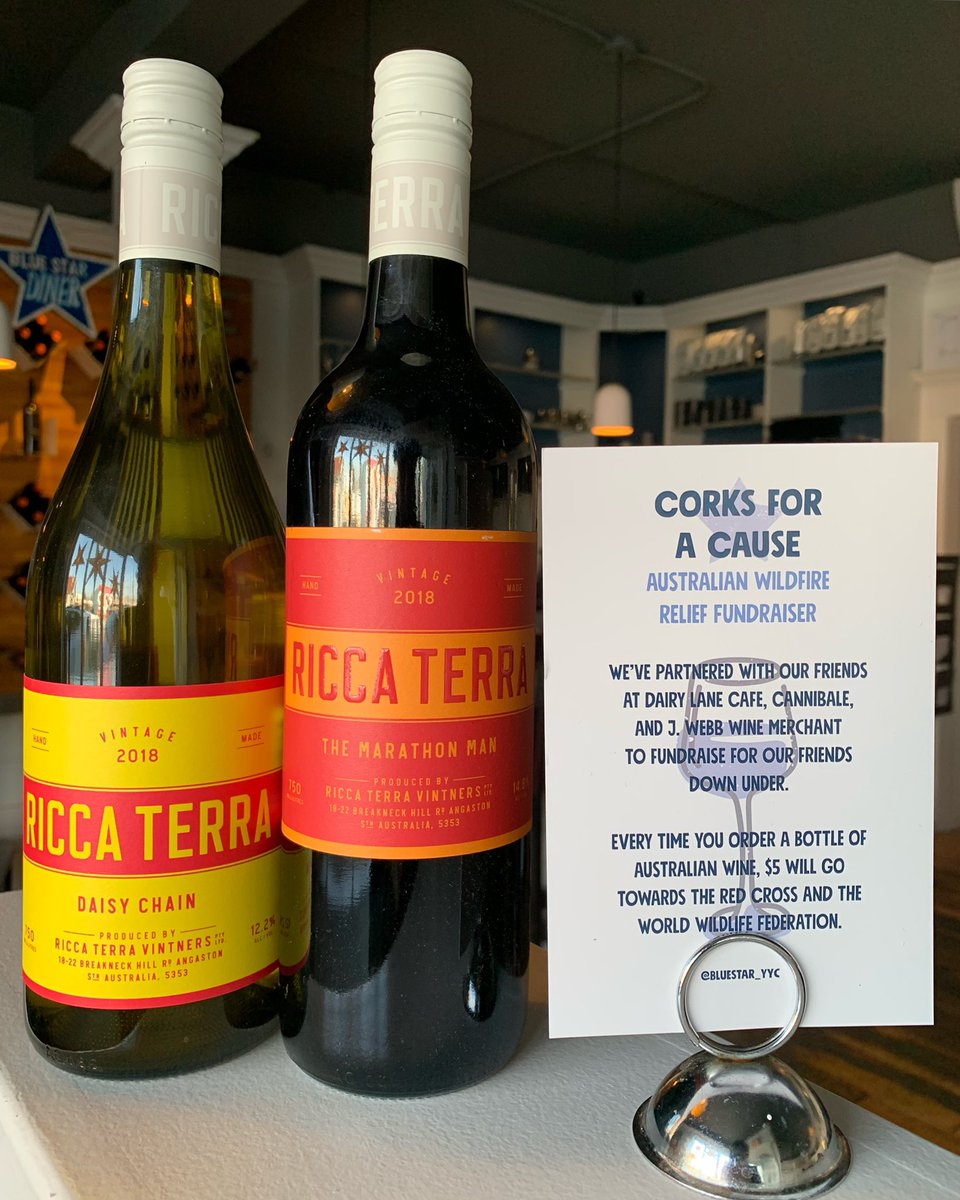 BlueStar_yyc's tweet photo. We’ve partnered with our pals @DairyLane @cannibale_yyc & @jwebbwine to raise $ for the Australian bushfire relief... and all with great Aussie wines! 🍇 Order a bottle of @ricca_terra_farms = $5 will go directly towards the @redcrossau & @wwf_australia 🐨❤️ #yyc #corksforacause https://t.co/JeFCGwmFFX