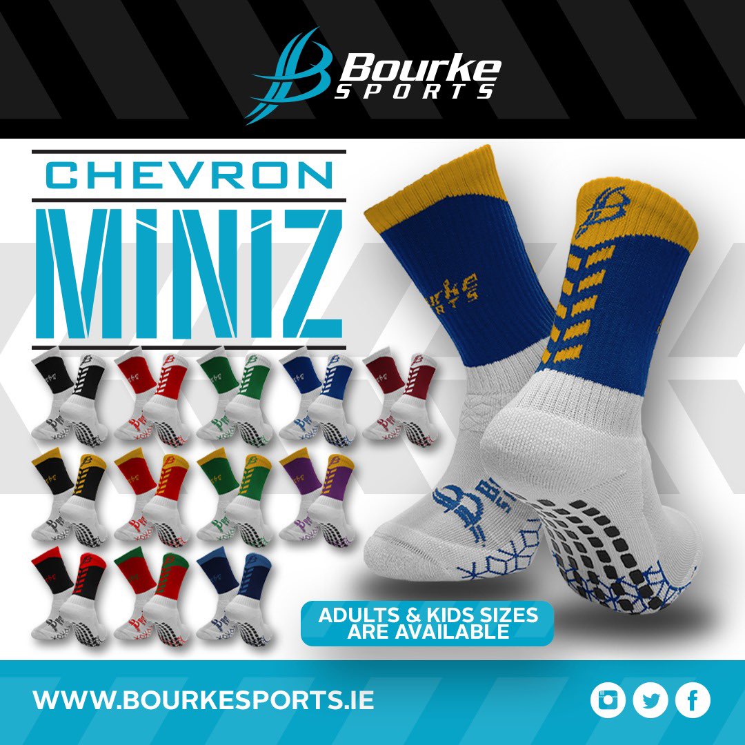 BourkeSports's tweet photo. Introducing our new Chevron Anti-Slip Miniz 👌
Set your alarm ⏰ 
They will be available to purchase in store and online tomorrow from 3pm GMT 🤗
.
#bourkesports #playdifferent #GAA #miniz #halfsocks #camogie #lgfa https://t.co/sKvHdejqbx